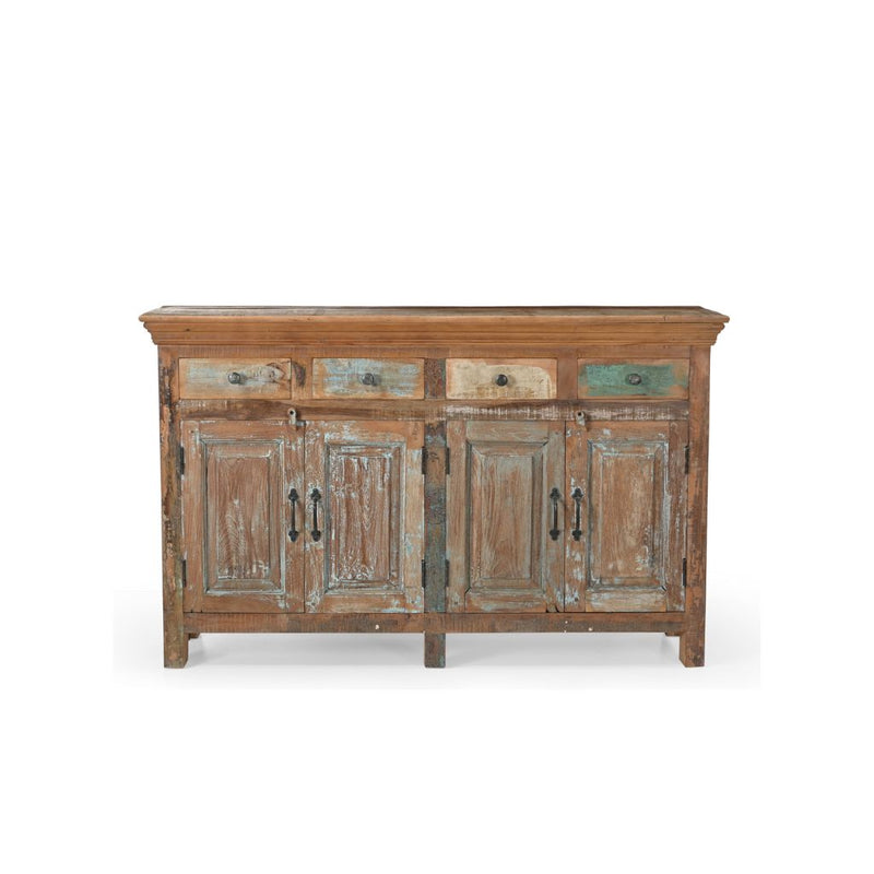 Long dresser made of reclaimed wood with 2 panels double doors in distressed blue & 4 drawers, 3 in blue & 1 in cream. There's 4 cast iron handles and 4 cast iron knobs.
