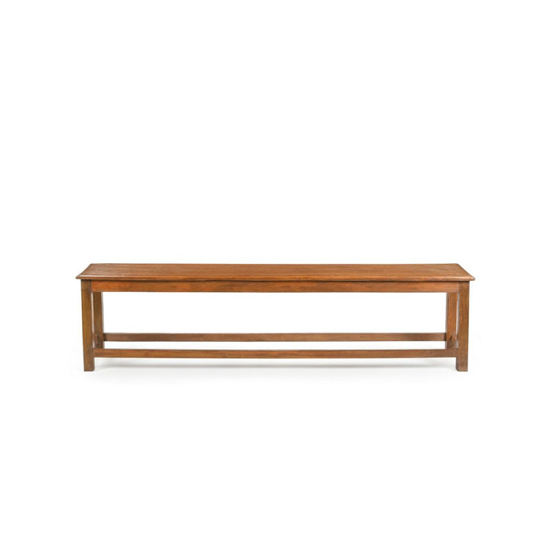 Long natural wood bench front view