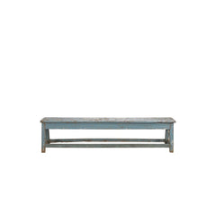A rustic wooden bench with a distressed blue-gray finish, shown from a front-facing perspective against a plain white background.