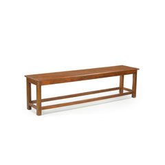 Long natural wood bench side view