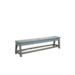 A rustic wooden bench with a distressed light blue paint finish and weathered brown wood showing through, set against a plain white background.