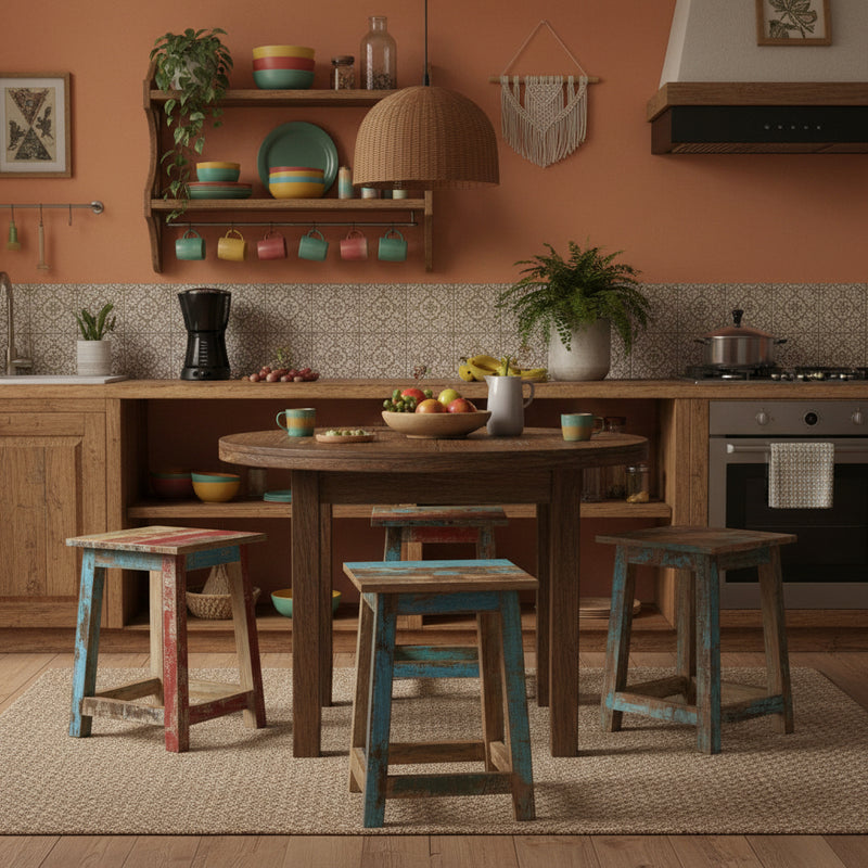 Wooden stool with a distressed finish in a kitchen