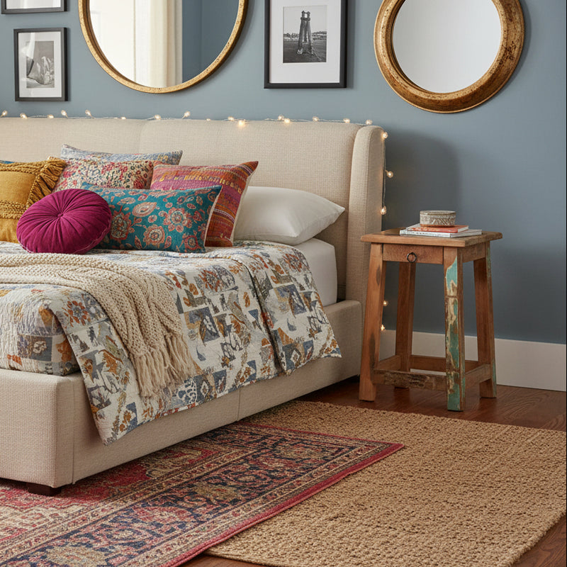 Wooden stool with a distressed finish in a bedroom as a bedside table 