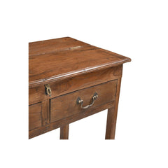 Vintage Natural Teak wood small console with 2 drawers & top compartment. It has a bottom open storage space. Showing detail of brass handle.