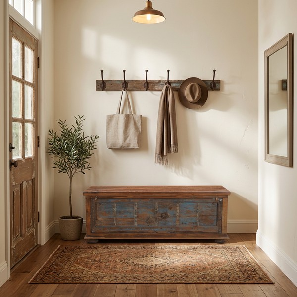 storage wood trunk with blue door in an entrance