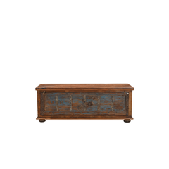 storage wood trunk with blue door in a white background