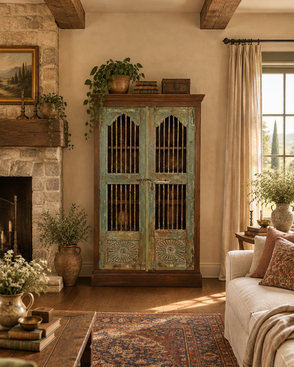 A rustic wooden cabinet with two doors, featuring distressed green and brown paint, vertical slat windows, and carved sunburst details on the lower panels.