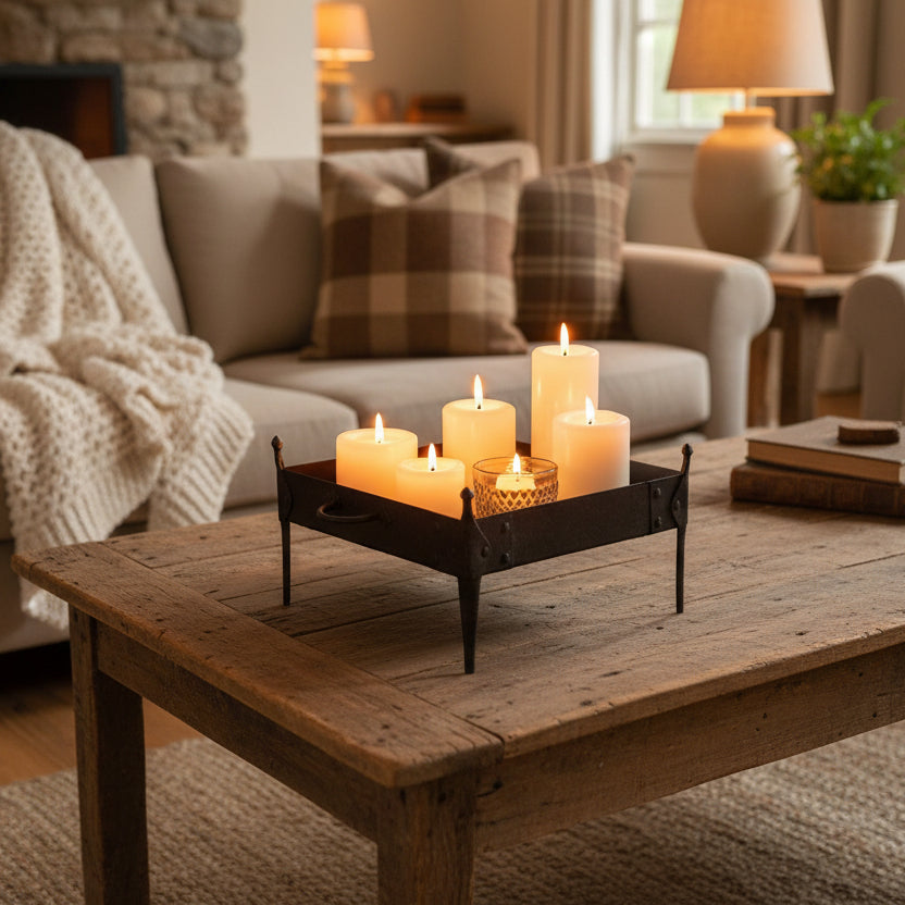 Square metal tray on short legs in a living room with candles