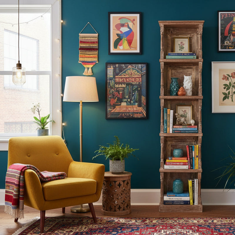 5 shelves unit in an eclectic living room 