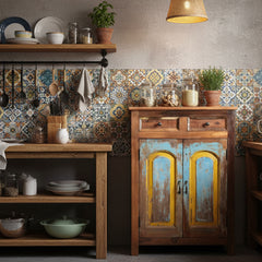 Wooden cabinet with distressed finish in an eclectic style kitchen on a colourful tiled wall