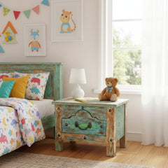 Wooden chest with a distressed finish in a kids bedroom