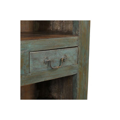 Vintage 4 shelves unit with 2 drawers in teak painted distressed blue grey, showing the detail of the drawer..