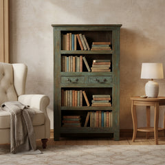 Wooden bookshelf with books in a living room