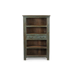 Vintage 4 shelves unit with 2 drawers in teak painted distressed blue grey, showing the front.