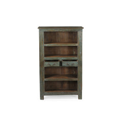 Vintage 4 shelves unit with 2 drawers in teak painted distressed blue grey, showing the front drwers open.