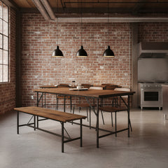 Wooden folding table in an industrial interior