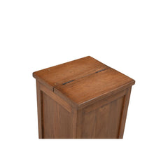 Almost square box in teak wood with a top opening, showing the top close u.