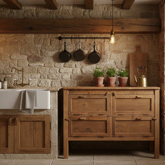 Wooden dresser with four compartments in a rustic kitchen against a stone wall.