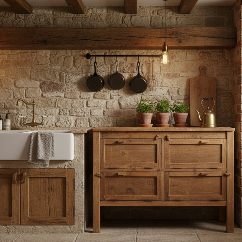 Wooden dresser with four compartments in a rustic kitchen against a stone wall.