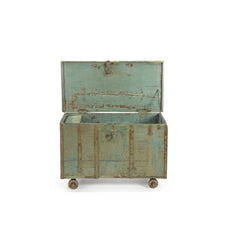 Vintage light blue wood trunk on 4 wheels with a metal latch & metal casing open top view showing an inside side compartment