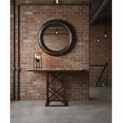 Wooden table with a multicolored top and metal frame in a hall