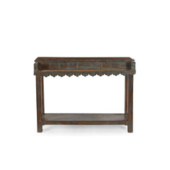 Wooden console table with decorative top on a white background