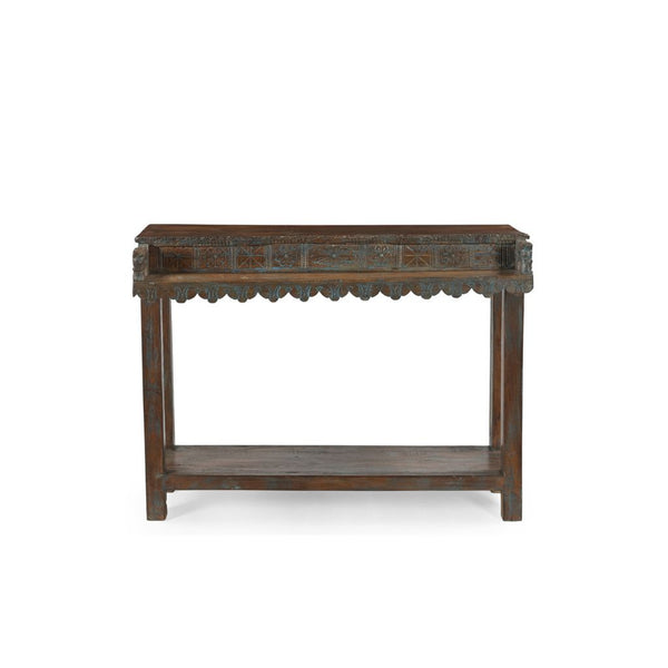 Wooden console table with decorative top on a white background