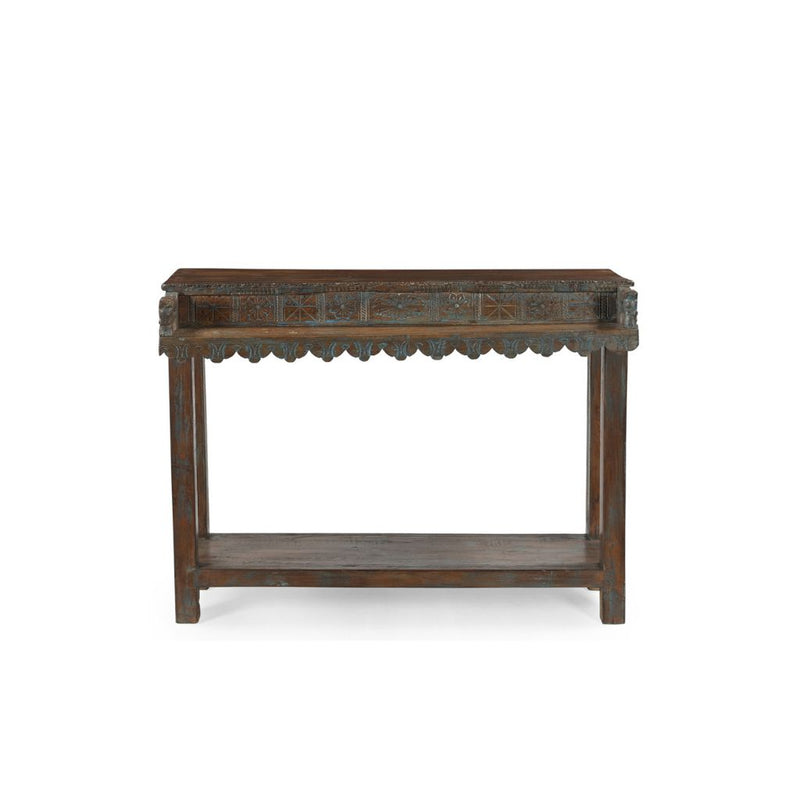 Wooden console table with decorative top on a white background
