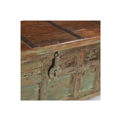 A rustic wooden chest with distressed green and brown painted panels and a metal latch, shown against a plain white background.