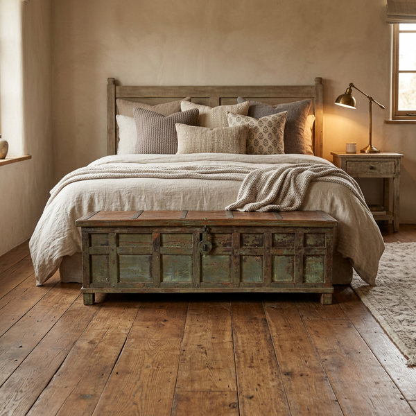 A rustic, weathered wooden storage chest with a distressed green and brown patina, featuring a central metal lock, set in a bedroom at the end of the bed