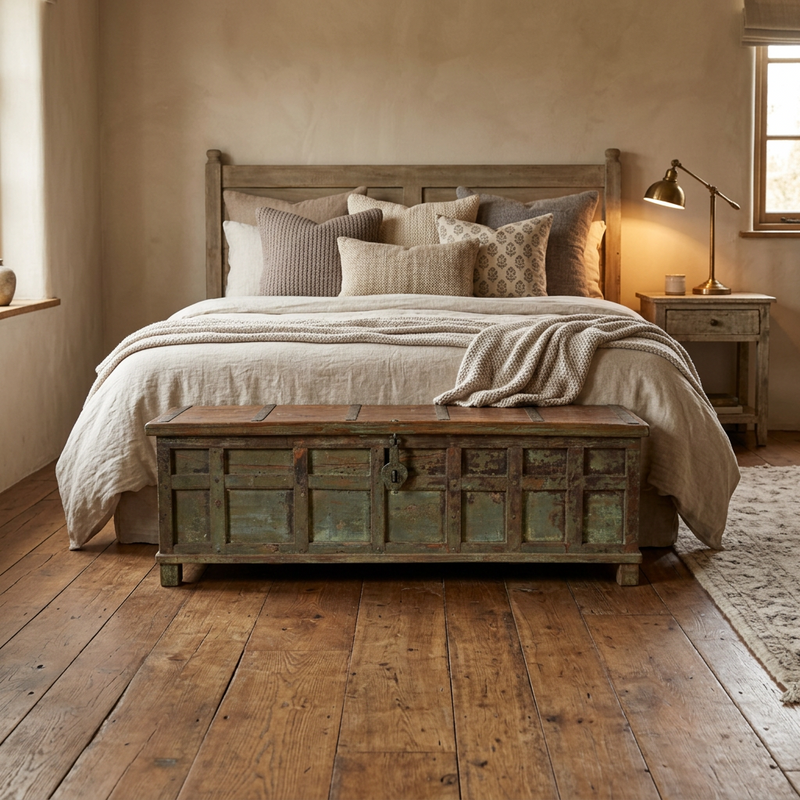 A rustic, weathered wooden storage chest with a distressed green and brown patina, featuring a central metal lock, set in a bedroom at the end of the bed