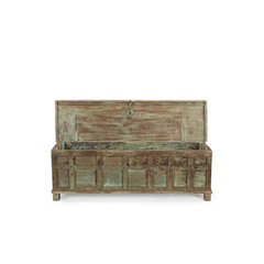 An antique wooden chest with a distressed finish, featuring a weathered green and brown patina with visible wood grain and paneling, shown open on a plain white background.