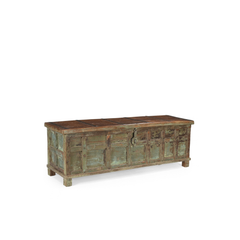 A rustic wooden storage chest with a weathered green and brown patina, featuring a hinged top and a central latch, shown against a plain white background.