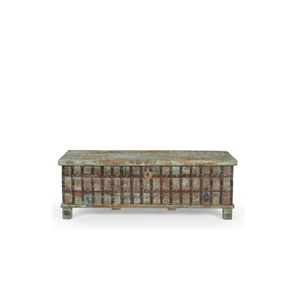 Vintage wooden trunk with a weathered blue finish on a white background