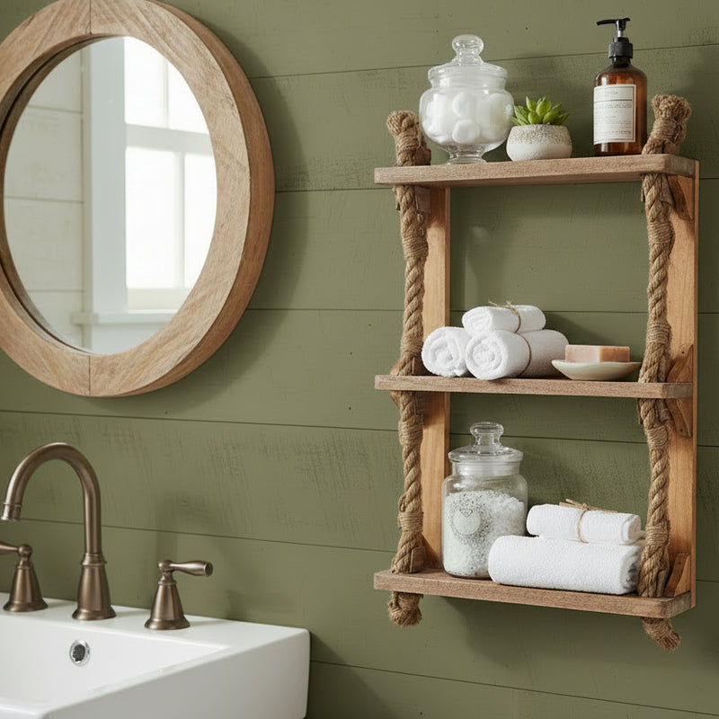 reclaimed ship ladder shelf on a green wall in a bathrom