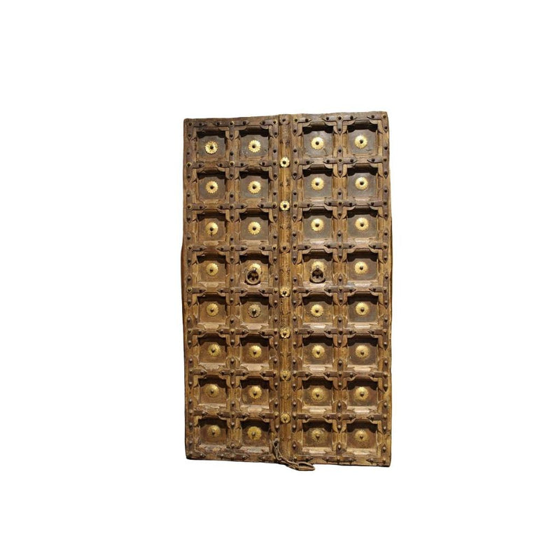 Antique Shekawati door made of carved wood & brass ornaments