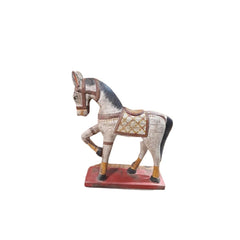 Wood white horse on a red wood base handpainted with black hair, sadle & red harness in an antique finish