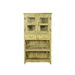 Wooden cabinet with glass panels and drawers on a white background