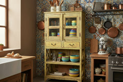 Wooden cabinet with glass panels and drawers in an eclectic kitchen