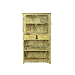 Wooden cabinet with glass doors open & 2 drawers with distressed finish on a white background