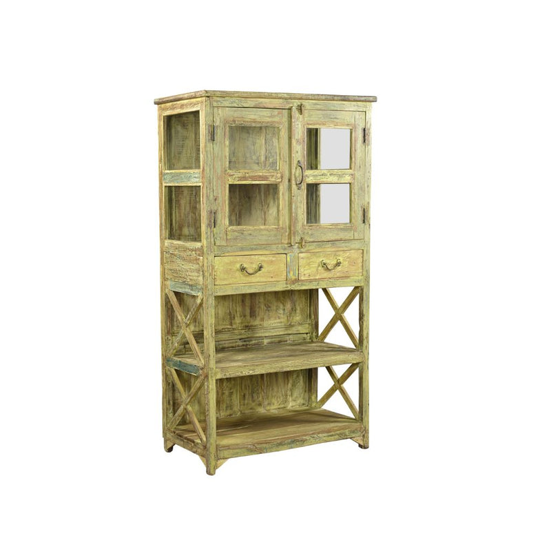 Wooden cabinet with glass doors and drawers on a white background