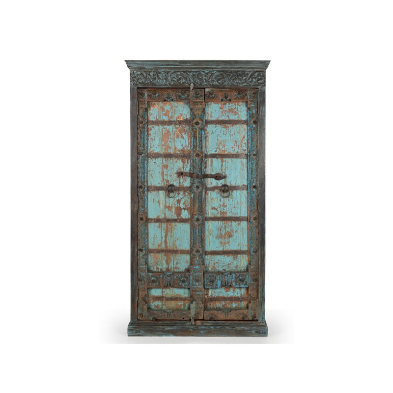 Vintage-style wooden cabinet with distressed turquoise paint on a white background