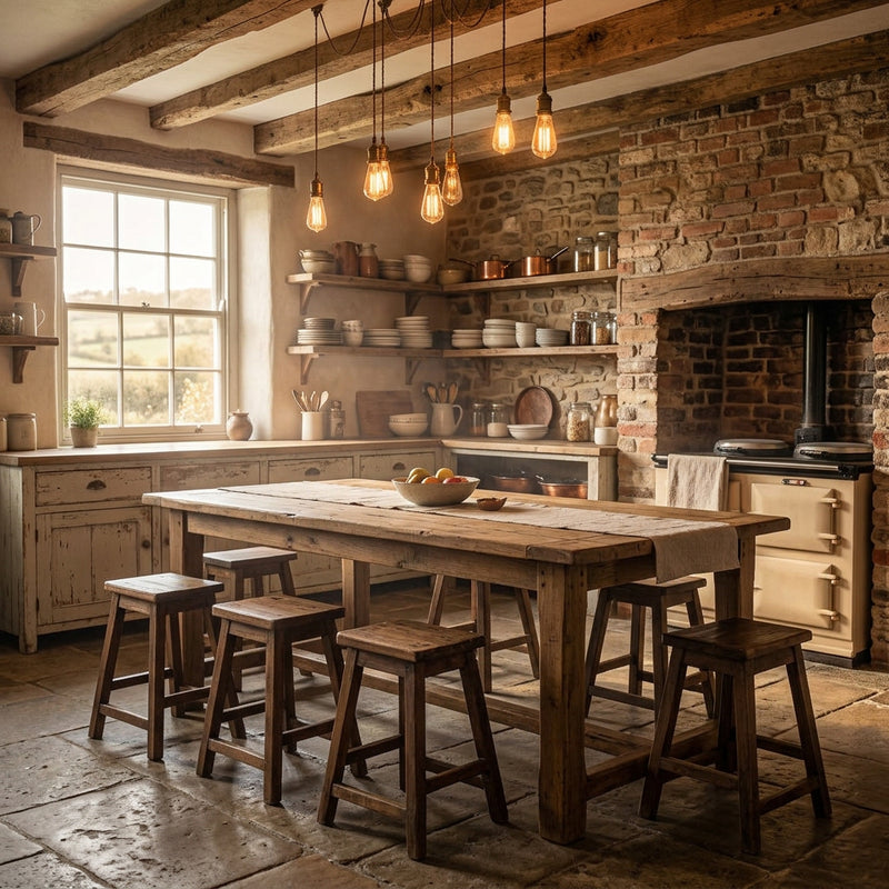 rustic kitchen showing the small teak stools around a wood country dining table