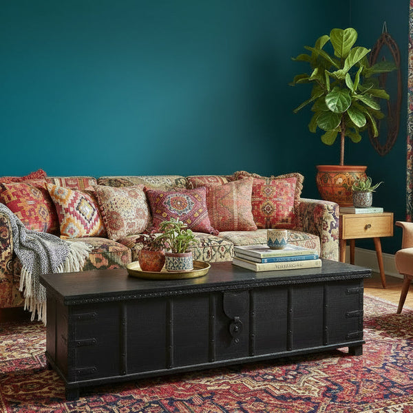Black wood storage trunk in front of a colourful sofa in a living room.