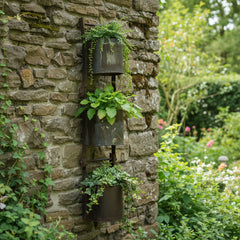 Metal plant stand with three tiers on a stone wall