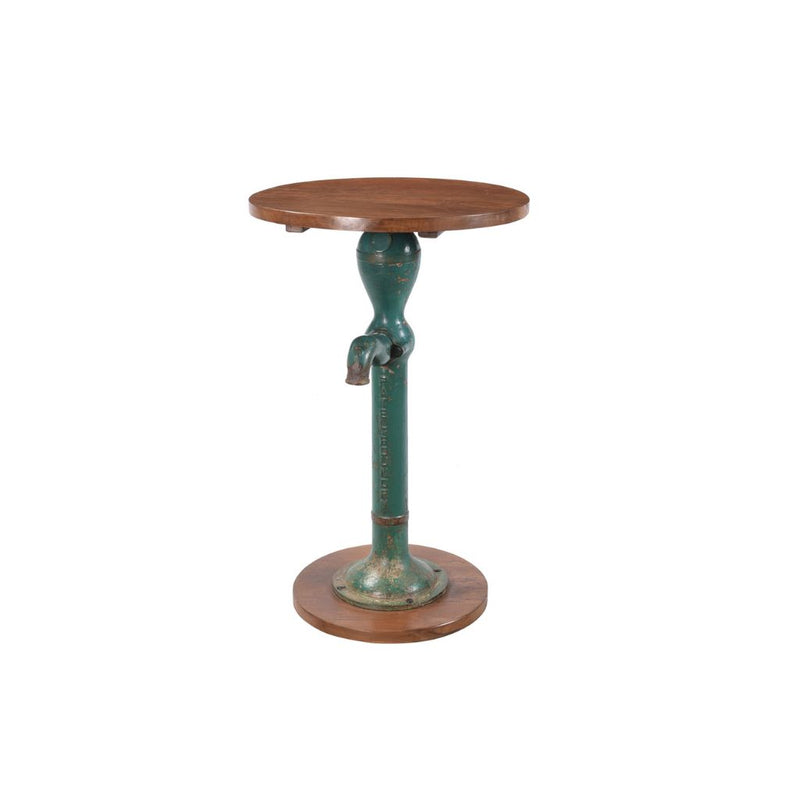 Green vintage water pump with round wood top & round wood base, high table console