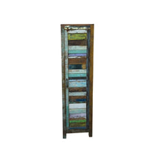 Tall single door cabinet made from reclaimed multi colour wood frontview wood