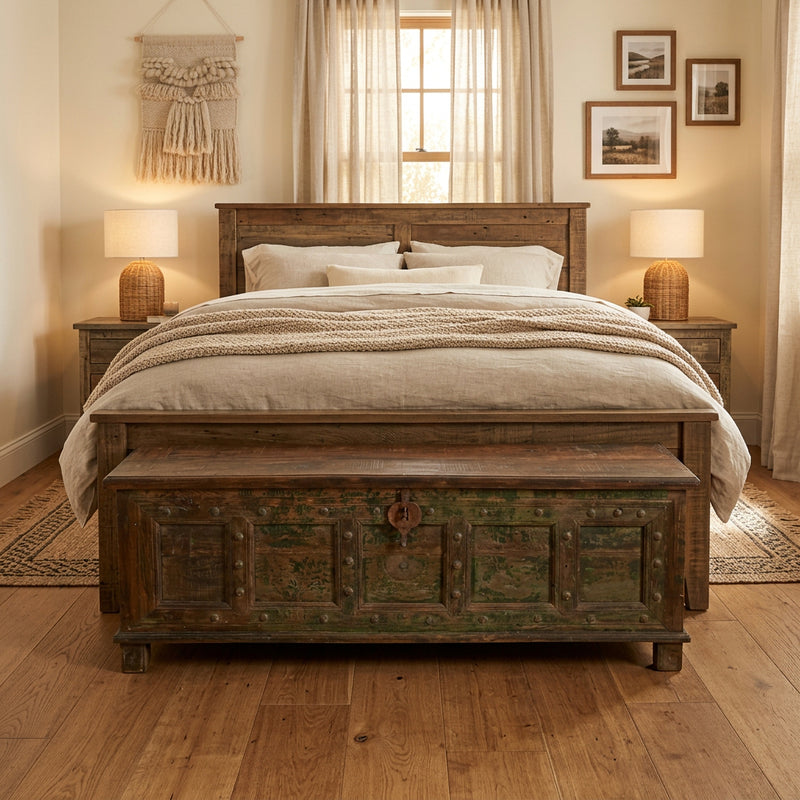 A rustic dark brown wooden storage chest with distressed green and beige patina panels on the front, featuring a central round metal latch, in a bedroom at the end of the bed