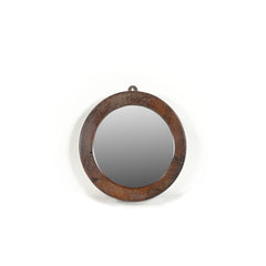 round small mirror with wood trim on a white background