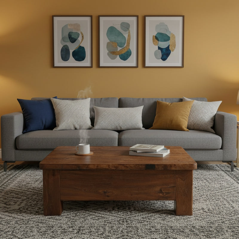 Vintage Wooden low coffee table i a living room in front of a grey sofa